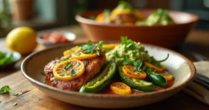 Grilled lemon spice jalapenos served with chicken, salsa, and guacamole on a rustic table.