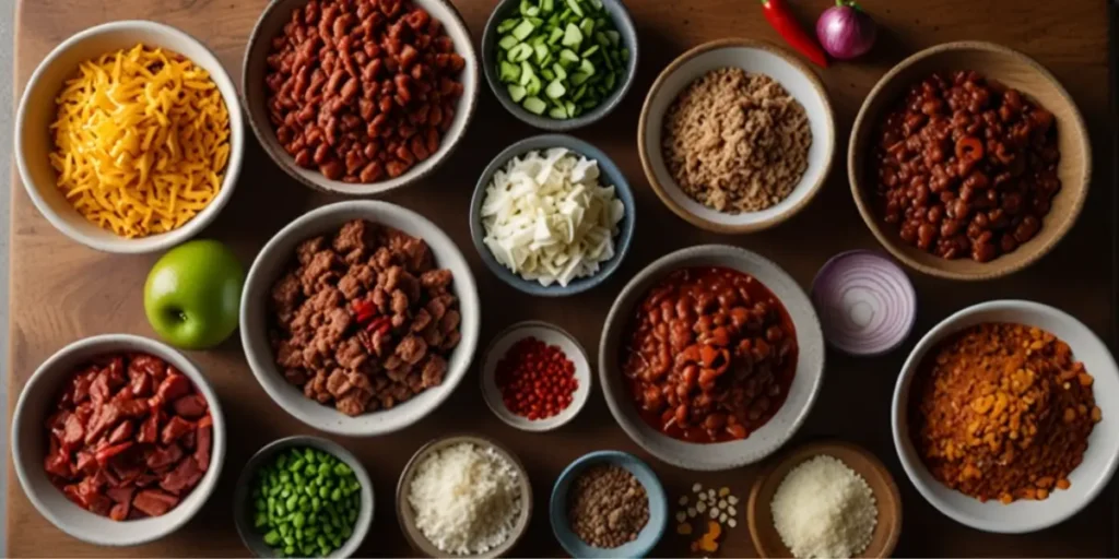 Top-down view of chili ingredients arranged on a kitchen counter, including ground beef, kidney beans, peppers, tomatoes, and spices.