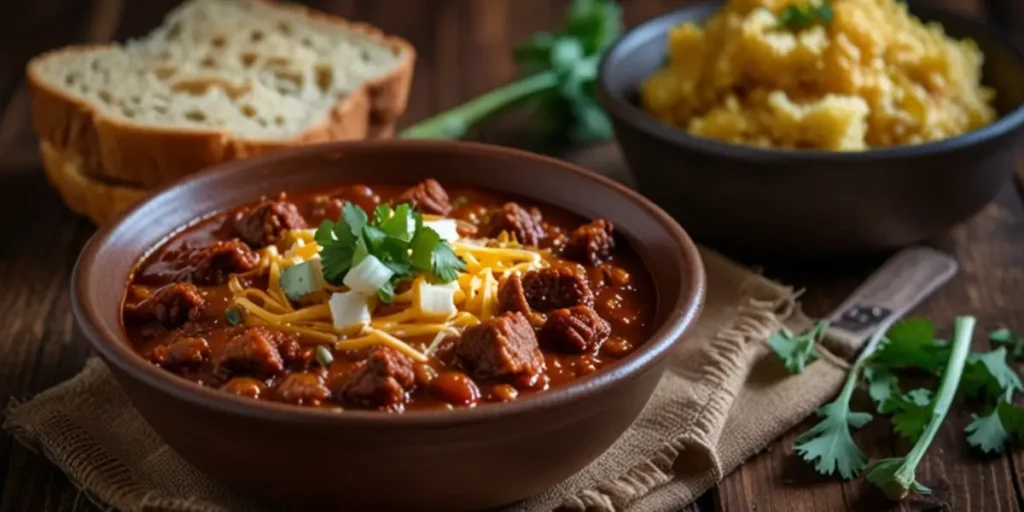 A beautifully plated bowl of Meat Church Chili served with cornbread, garnished with cheese, sour cream, and green onions.