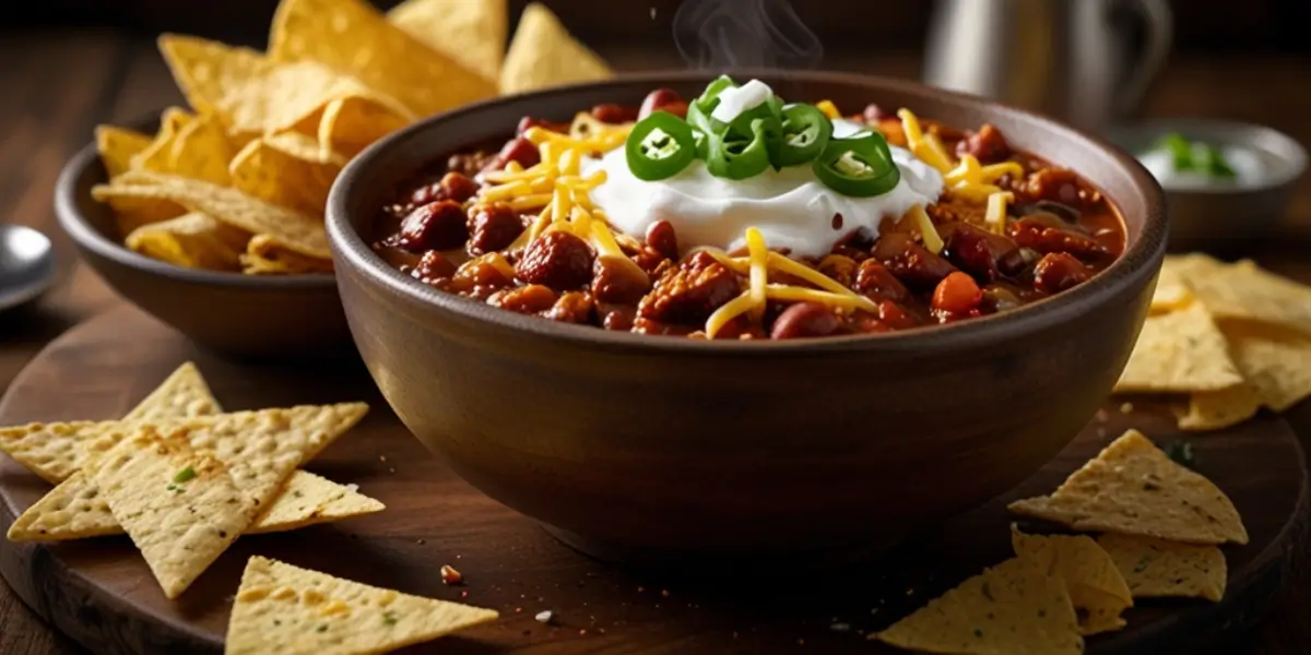 A steaming bowl of hearty chili topped with cheese and sour cream, surrounded by fresh chili ingredients like peppers and onions.