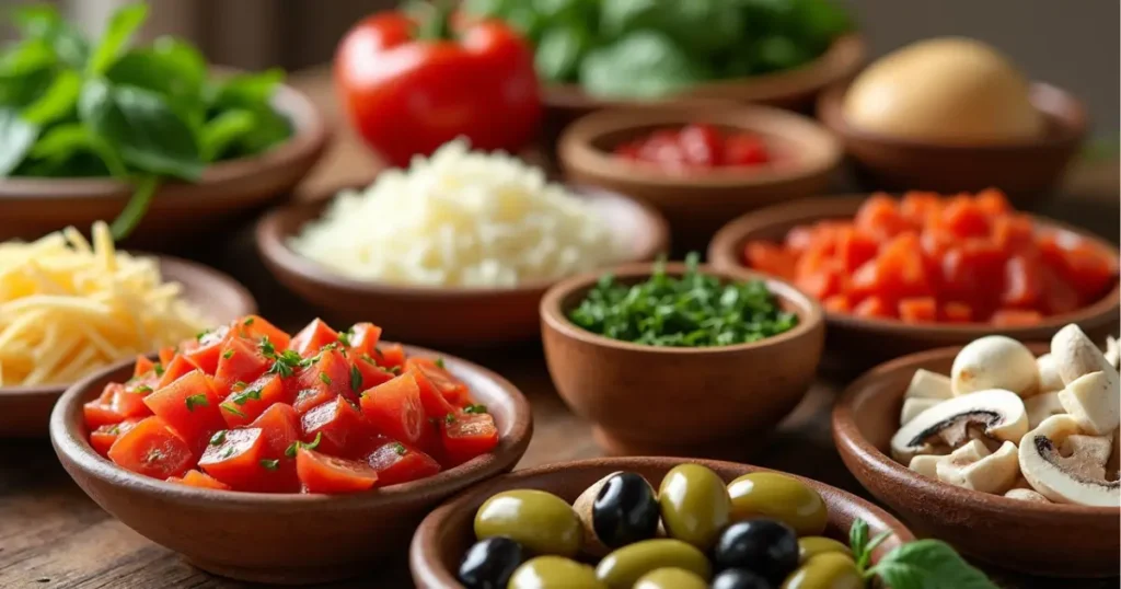 A variety of fresh ingredients for Mod Pizza, including cheese, veggies, and meats.