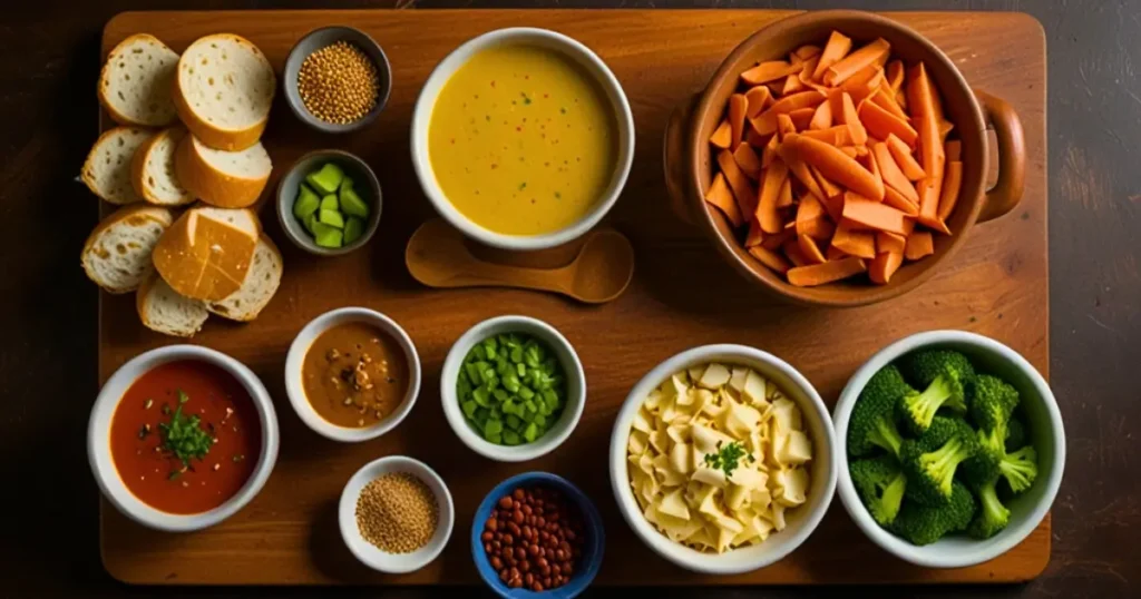 Fresh ingredients for Panera soups, including vegetables, chicken, cheese, and spices on a wooden cutting board.