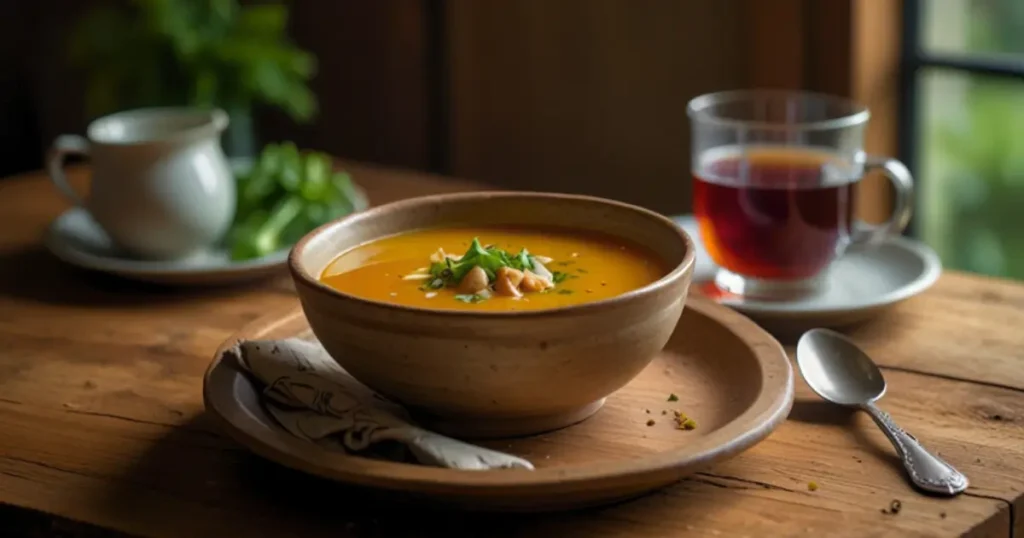 A serving suggestion for Panera soups featuring soup, crusty bread, a side salad, and iced tea in a cozy table setting.