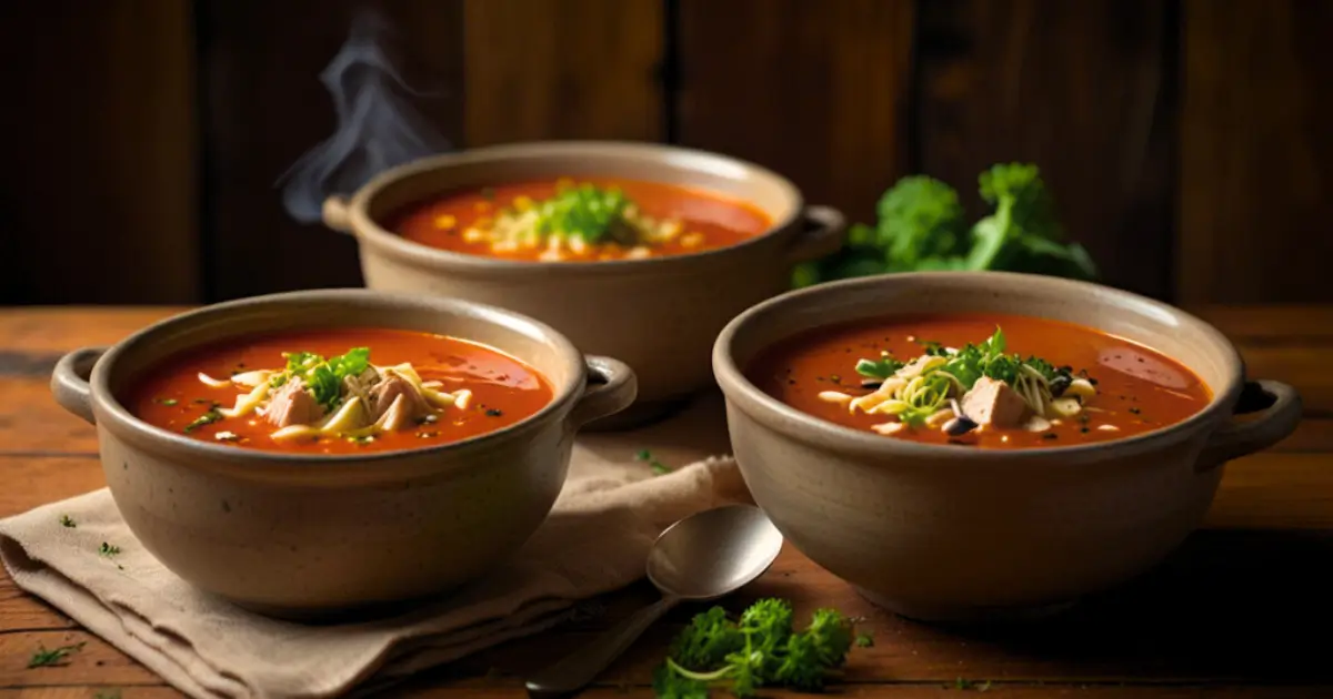 A warm kitchen scene with six bowls of Panera-style soups, garnished with herbs and served with bread.