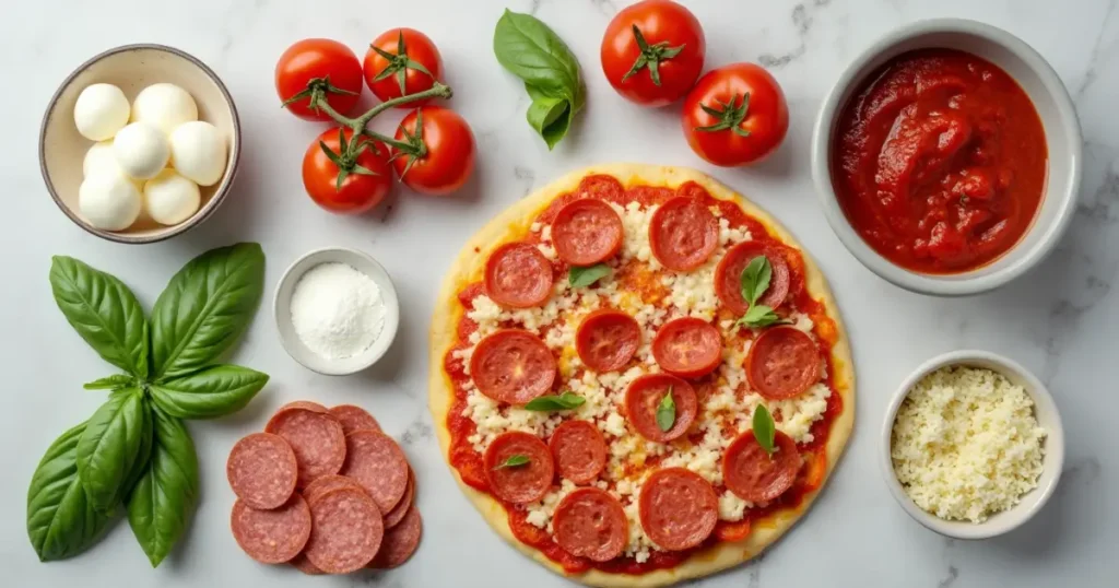 Fresh ingredients for a homemade pizza, including mozzarella, tomatoes, basil, and pepperoni.