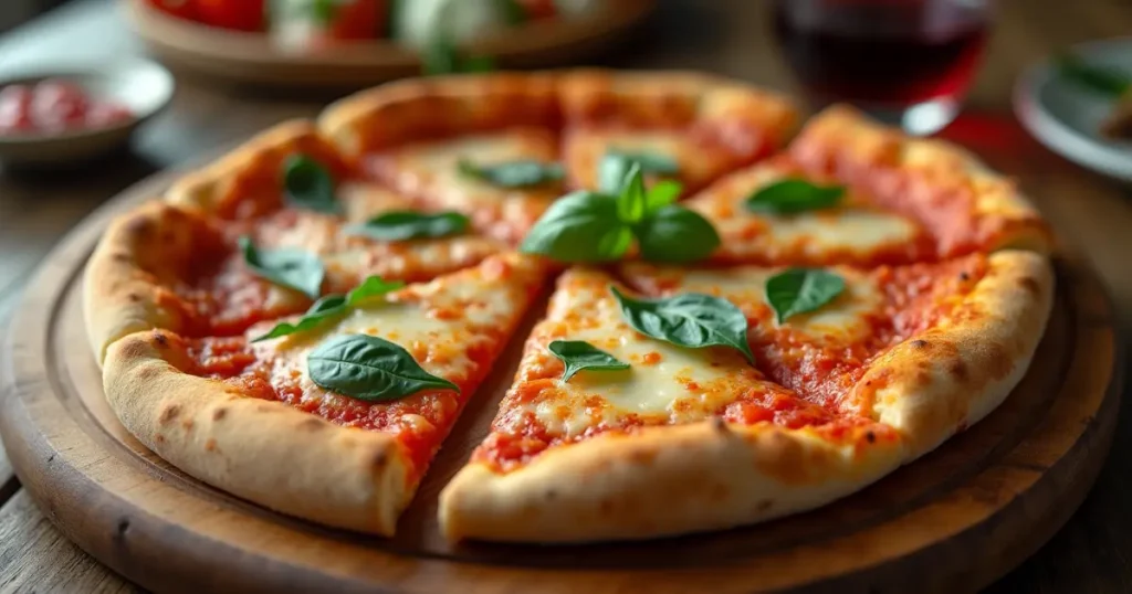 Delicious pizza slices served with fresh basil and a glass of red wine.