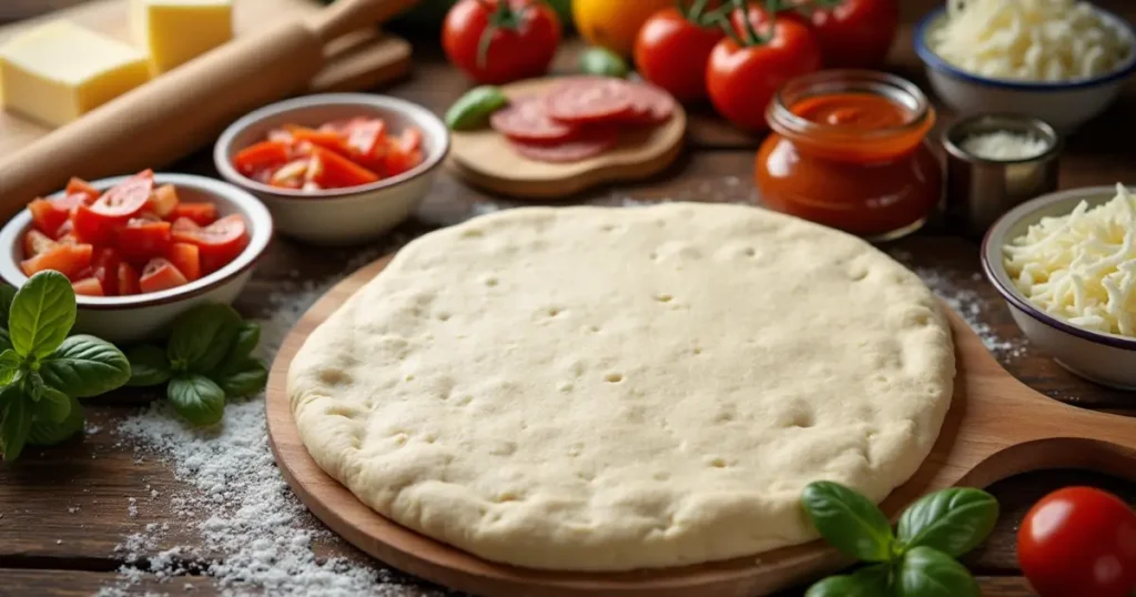 Fresh pizza ingredients prepared for a homemade pizza night, including dough, vegetables, cheese, and sauce.