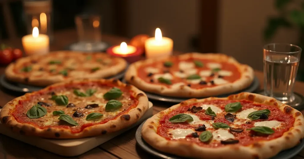 A variety of pizzas served on a table, with fresh toppings and an inviting atmosphere for a pizza edition games night.