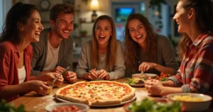 A group of friends having fun at a pizza-making night, preparing pizzas with different toppings while playing games.