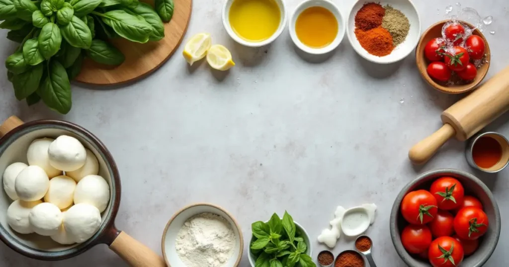 Ingredients for Pizza Edition GitHub: Fresh mozzarella, tomatoes, basil, and olive oil laid out on a kitchen counter.