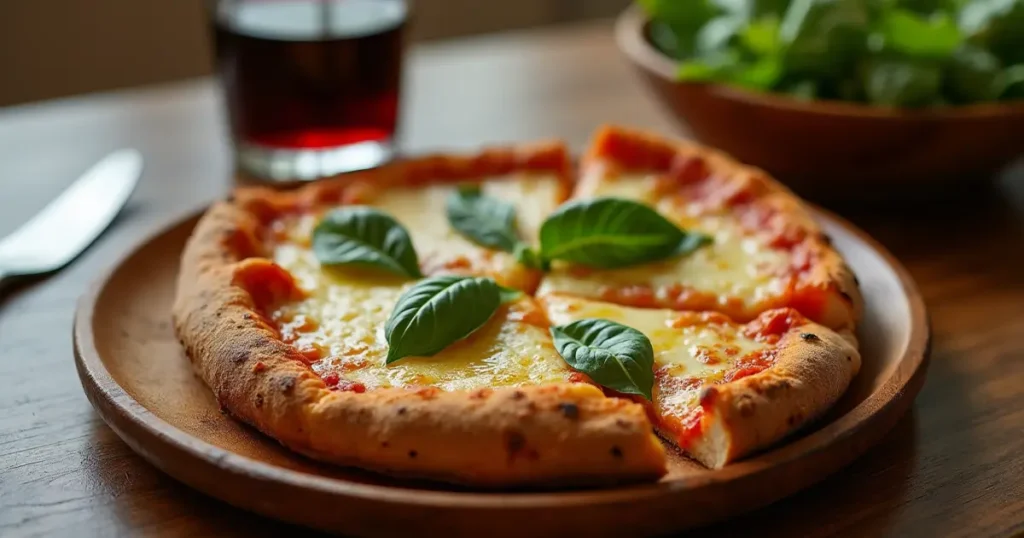 Serving suggestion for Pizza Edition GitHub: A pizza slice with fresh basil, olive oil, and a side salad, accompanied by wine.