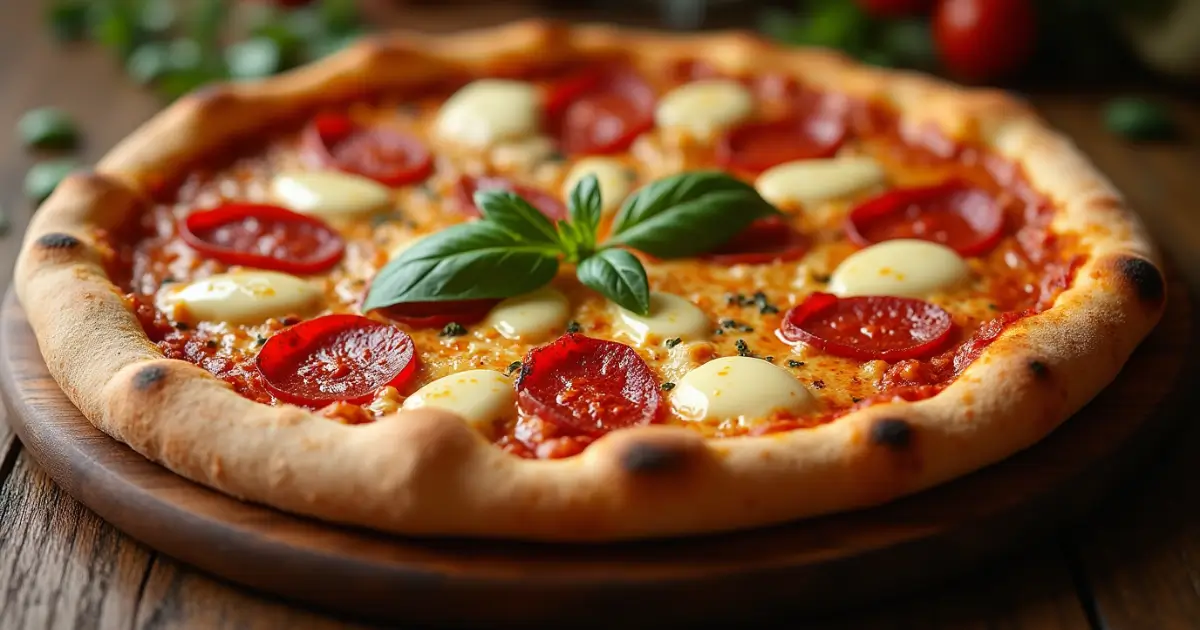 Perfectly baked pizza edition with crispy crust and vibrant toppings on a wooden table.