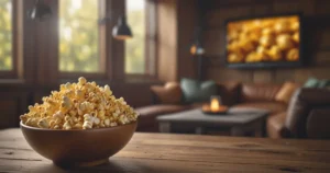 A cozy setting with a bowl of seasoned popcorn chips and a dipping sauce, ideal for movie nights or casual snacking.