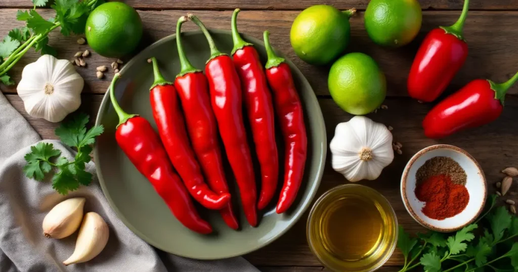 Fresh ingredients for Red Hot Chili Peppers Albuquerque, including peppers, garlic, limes, and spices.