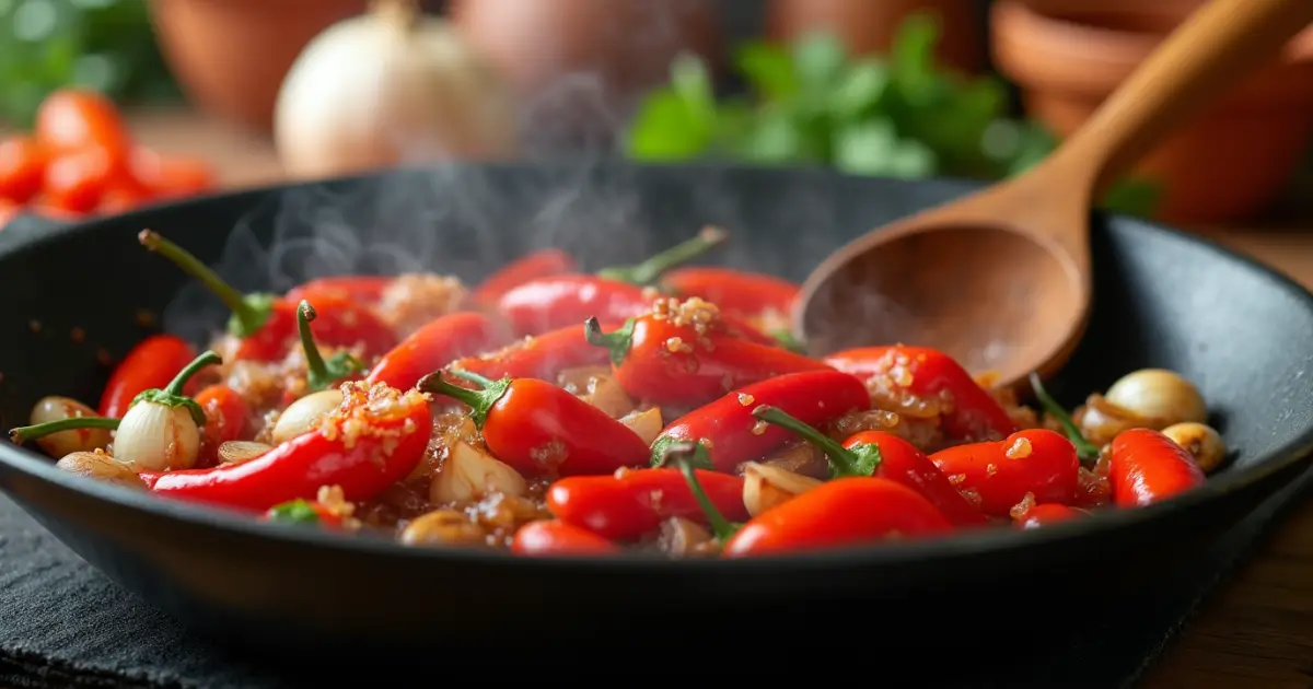 Sizzling skillet with red hot chili peppers, garlic, and onions in a Southwestern kitchen setting.