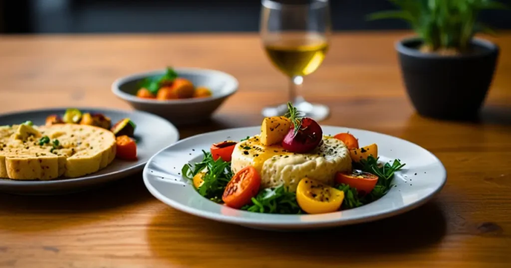 A beautifully plated vegetarian dish with roasted vegetables, quinoa, and fresh greens, served with hummus and pita bread.