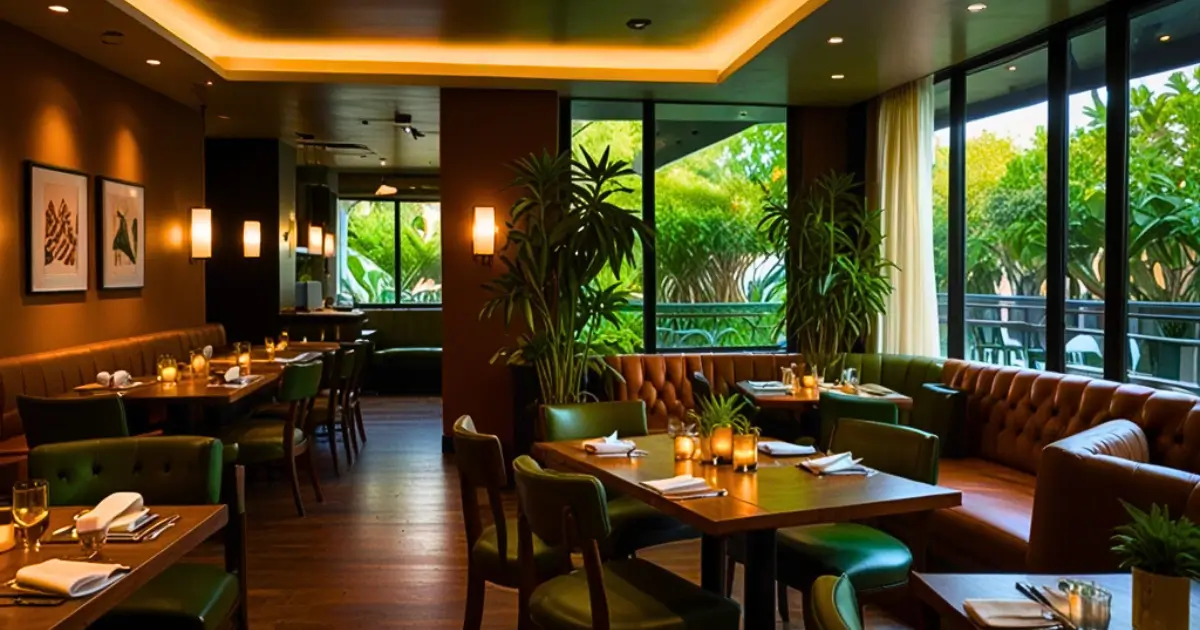 A modern, cozy restaurant setting featuring an array of flavorful vegetarian dishes on a table.