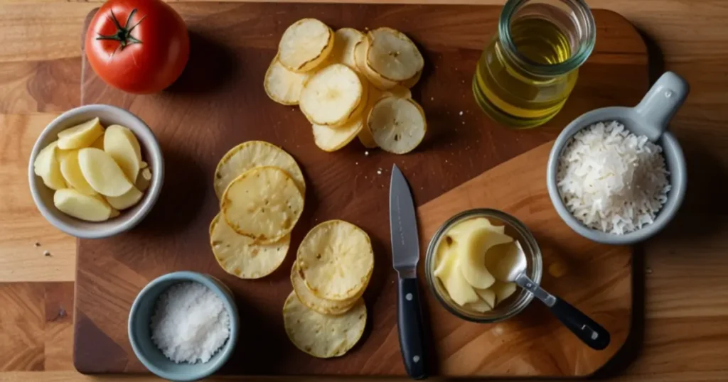  Ingredients for salt and vinegar chips, including sliced potatoes, sea salt, vinegar, and oil, neatly arranged on a kitchen counter.