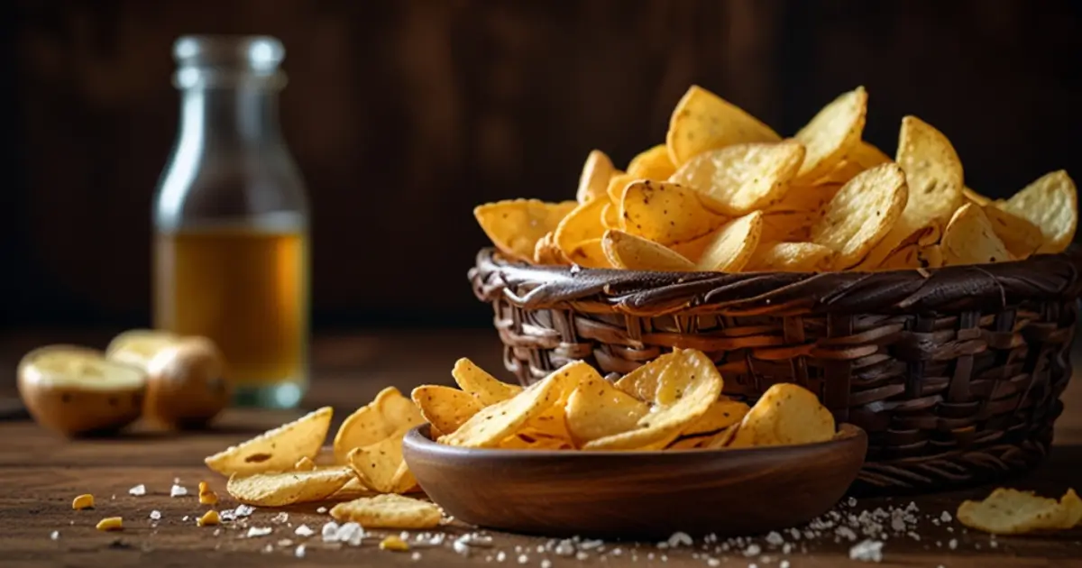 Golden crispy salt and vinegar chips in a rustic basket with scattered sea salt and a vinegar bottle on a wooden table.