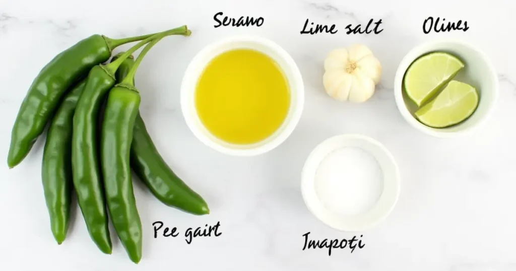 A top-down view of serrano peppers, garlic, lime slices, olive oil, and sea salt on a marble surface.