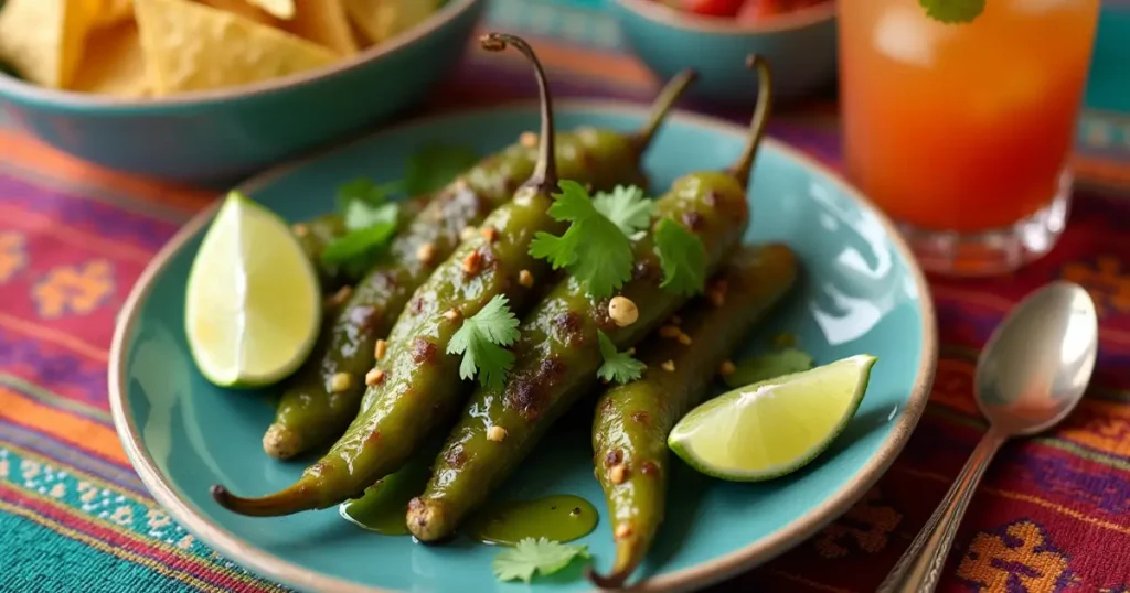 Roasted serrano peppers on a plate with lime, cilantro, salsa, and tortilla chips on a Mexican-style table setting.