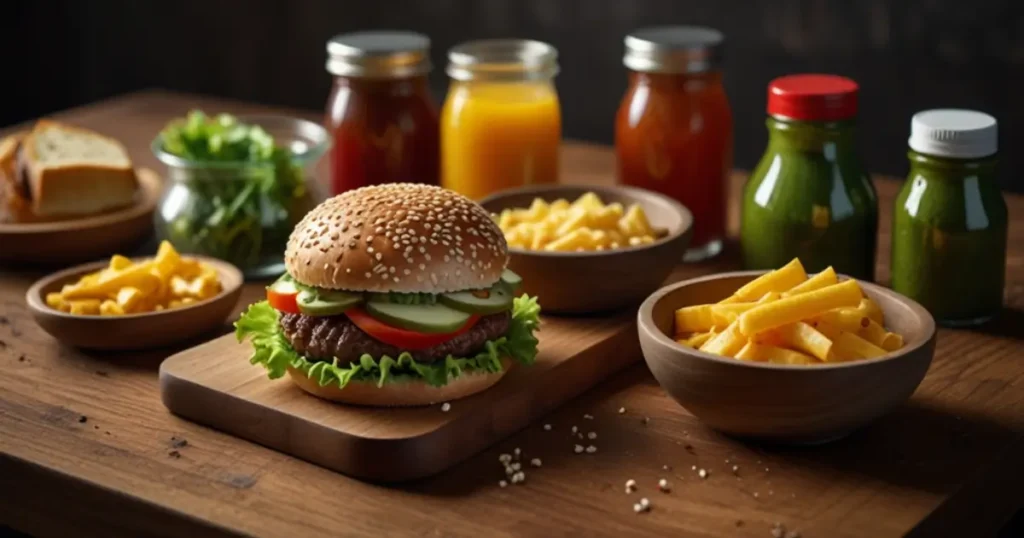 Fresh ingredients for a slap burger laid out on a wooden countertop, including a cooked patty, buns, and veggies.