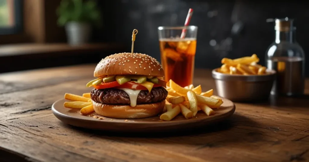 A slap burger served with crispy fries and a refreshing drink, showing the burger sliced open to reveal its juicy interior.