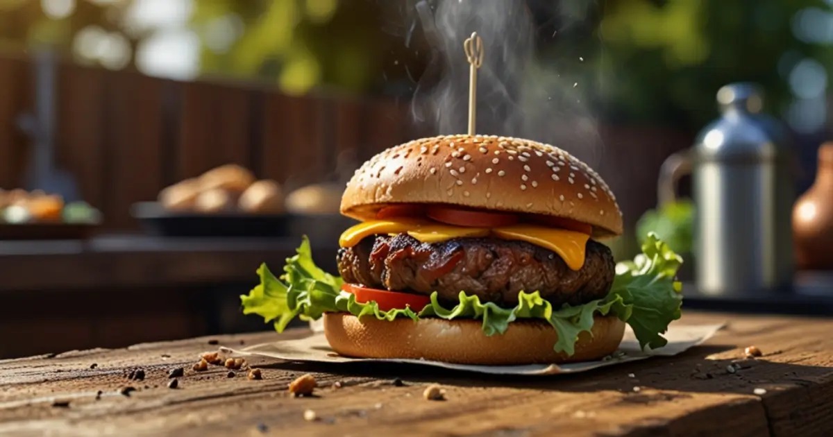 A mouth-watering slap burger sizzling on the grill with fresh ingredients and a sunny outdoor setting.