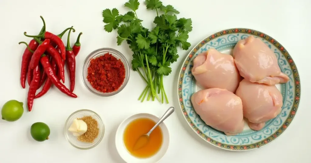 Fresh ingredients including red chilies, red chili paste, garlic, lime, cilantro, and chicken breasts for Sonia Lopez hot and spicy.