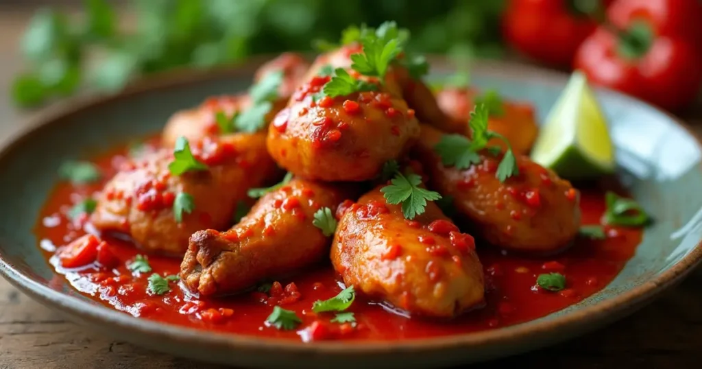 Deliciously spicy chicken coated in red chili paste sauce, garnished with fresh herbs and lime wedges on a rustic wooden table.