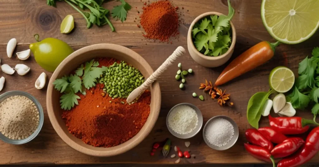 Fresh ingredients for a spicy dish, including chili peppers, cumin, paprika, lime, and cilantro, arranged on a rustic table.