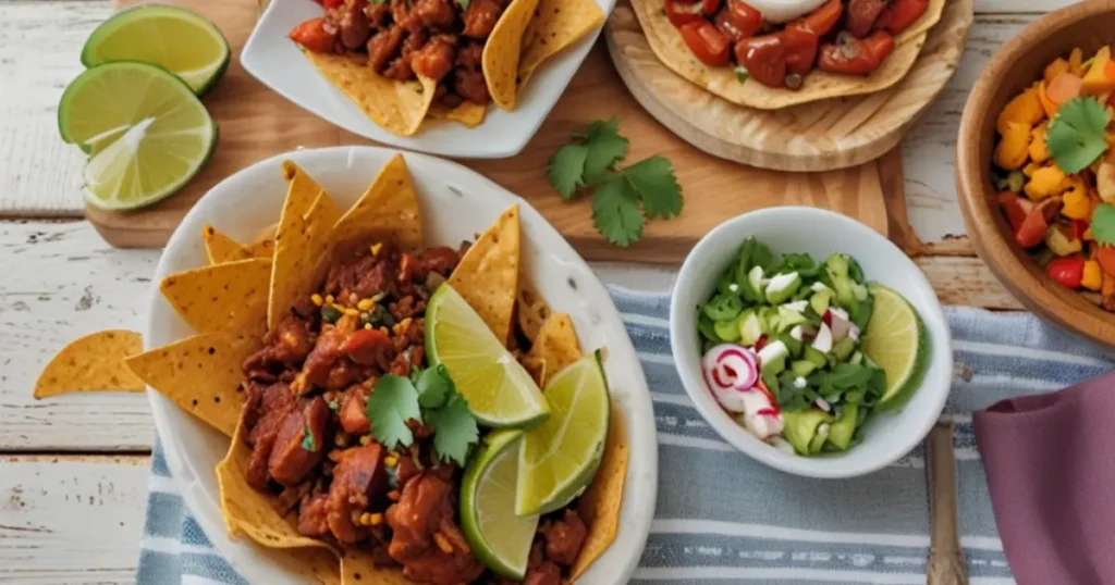 sonia lopez hot and spicy forumophilia dish served with tortilla chips, salad, and sour cream, garnished with fresh cilantro and lime.