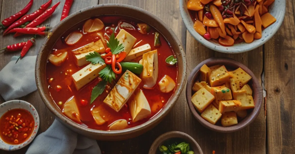 Sichuan spicy hot pot served with steamed rice, crispy spring rolls, and pickled vegetables.