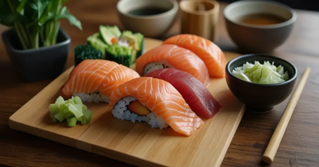 Fresh sushi ingredients including sushi grade salmon, wasabi, soy sauce, and pickled ginger.