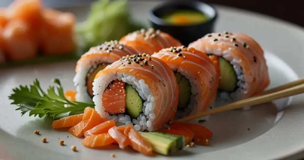 Plated sushi with sushi grade salmon, garnished with vegetables, sesame seeds, wasabi, and pickled ginger.