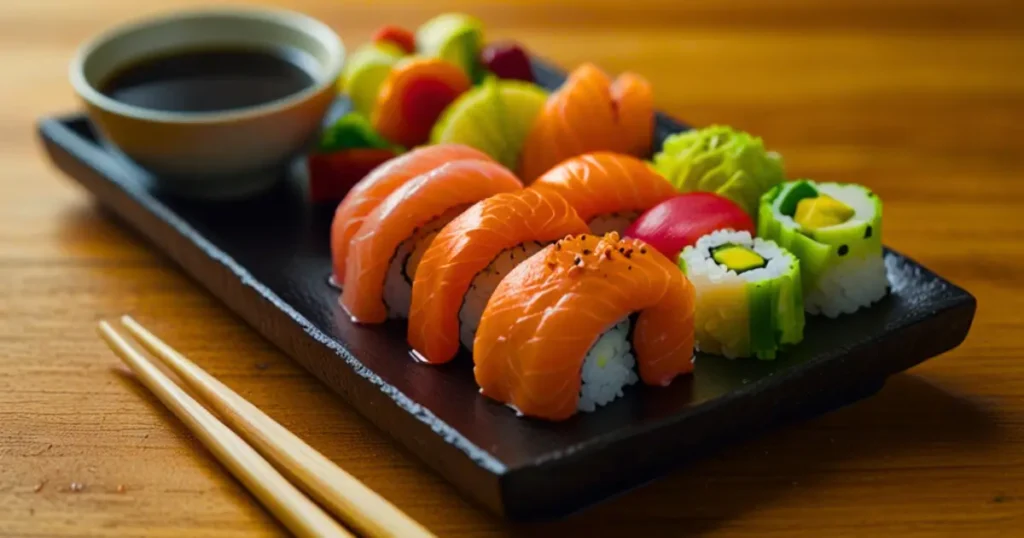 Sushi order topped with salmon, featuring fresh salmon slices, avocado, and radish on a wooden sushi platter with soy sauce.