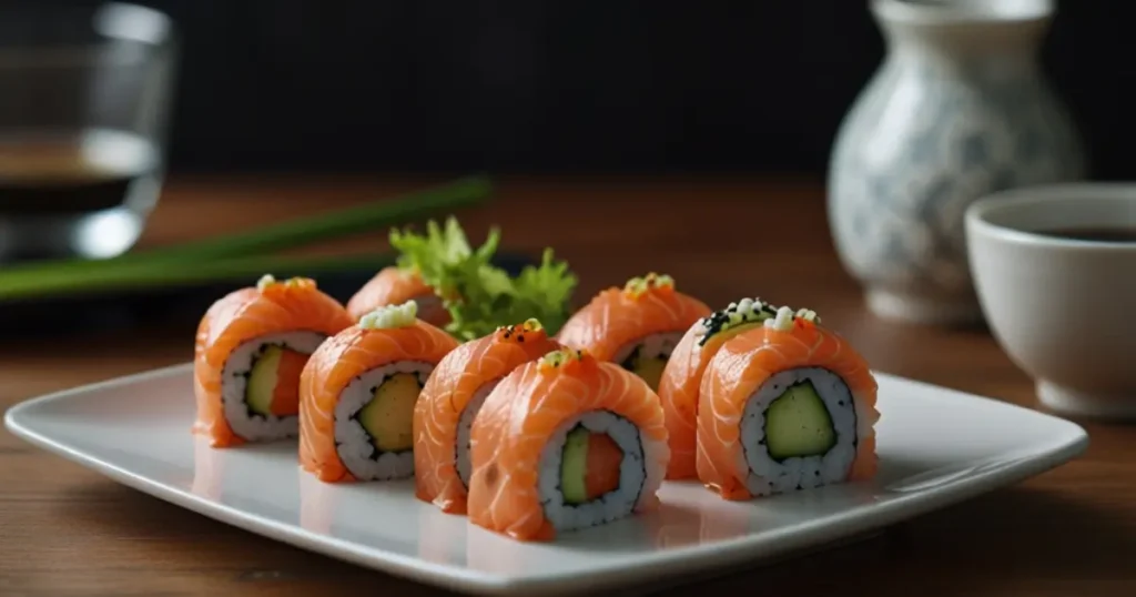 Sushi rolls topped with salmon, served on a white plate with pickled ginger and soy sauce.