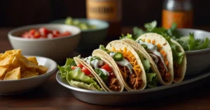 A polished stainless steel taco holder filled with three vibrant tacos, including crispy chicken, grilled vegetables, and ground beef, arranged on a rustic wooden dining table.