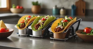 Taco holders filled with tacos, ready to serve on a kitchen countertop.