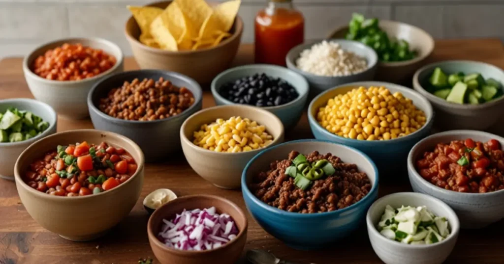 Fresh ingredients for Taco Soup Frios including ground beef, tomatoes, beans, corn, and spices arranged on a kitchen counter.