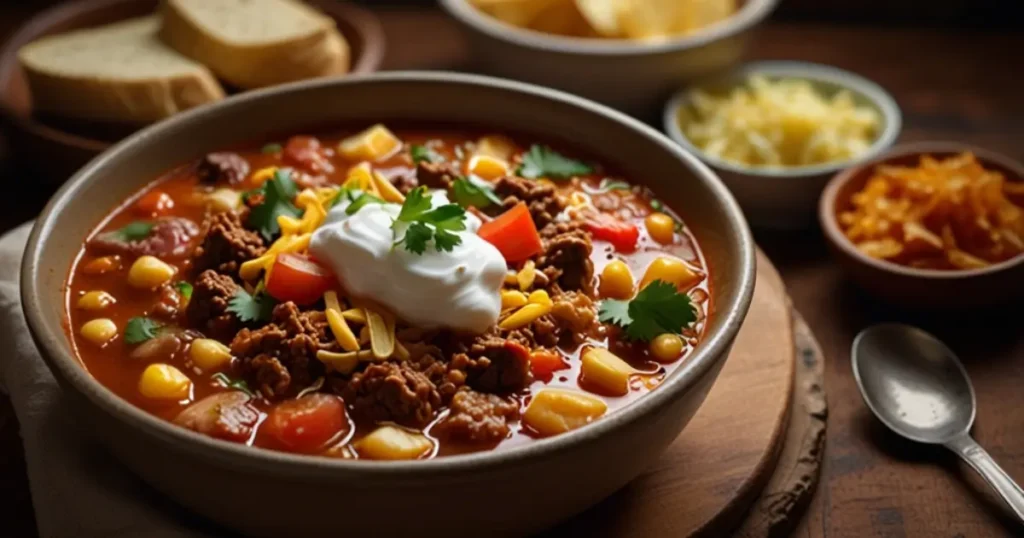 A cozy bowl of Taco Soup Frios with ground beef, beans, corn, tomatoes, and cheese, garnished with cilantro, sour cream, and tortilla strips.