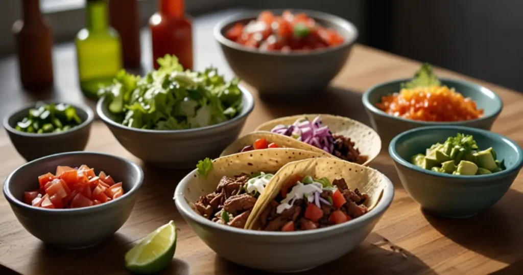 Fresh ingredients for making Tacos El Cunado, including meat, toppings, and tortillas.