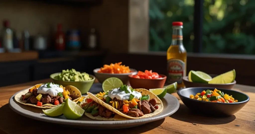 Authentic Tacos El Cunado with vibrant toppings on a rustic wooden table.