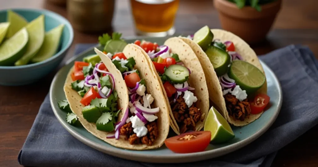 Served Tacos El Cunado with sides of Mexican rice, black beans, and guacamole.