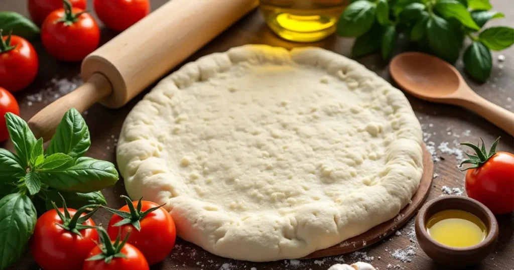 Fresh ingredients for making pizza, including dough, mozzarella, tomatoes, garlic, basil, and olive oil, arranged on a wooden countertop.