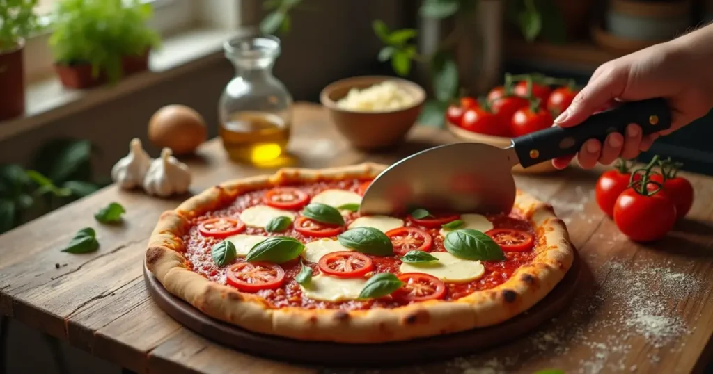 A freshly baked pizza with vibrant toppings like basil and tomatoes, served with a side of salad and dipping sauces.