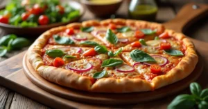 A homemade pizza with fresh mozzarella, basil, and a golden crust, placed on a rustic wooden table in a warm, cozy kitchen.