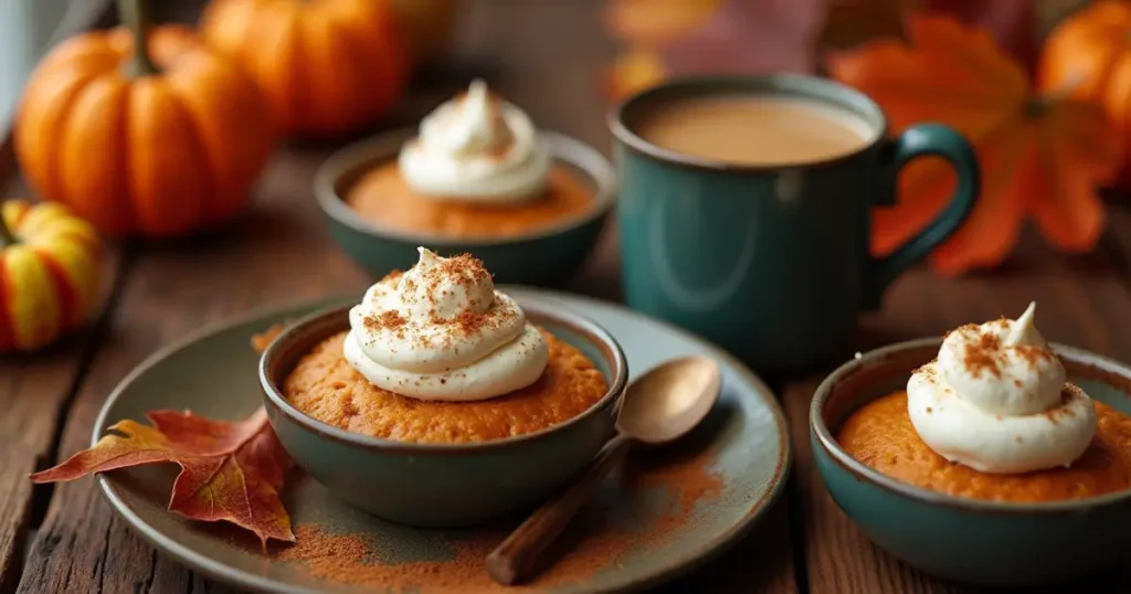 Individual servings of pumpkin spice dessert with whipped cream, surrounded by fall décor and a steaming mug of spiced rum drink.