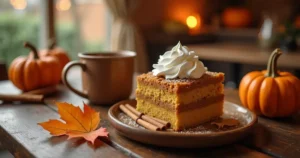 A cozy fall-inspired café setting with a pumpkin spice dessert and spiced drink, evoking warmth and autumn comfort.