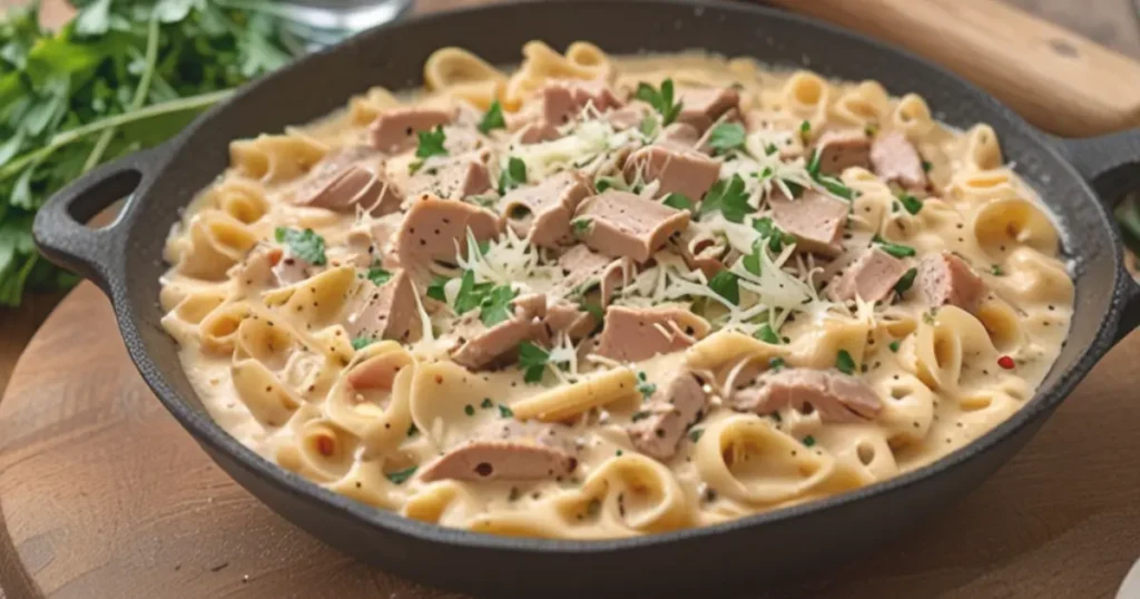 Cozy kitchen setting with tuna hamburger helper and ingredients on a rustic wooden table.